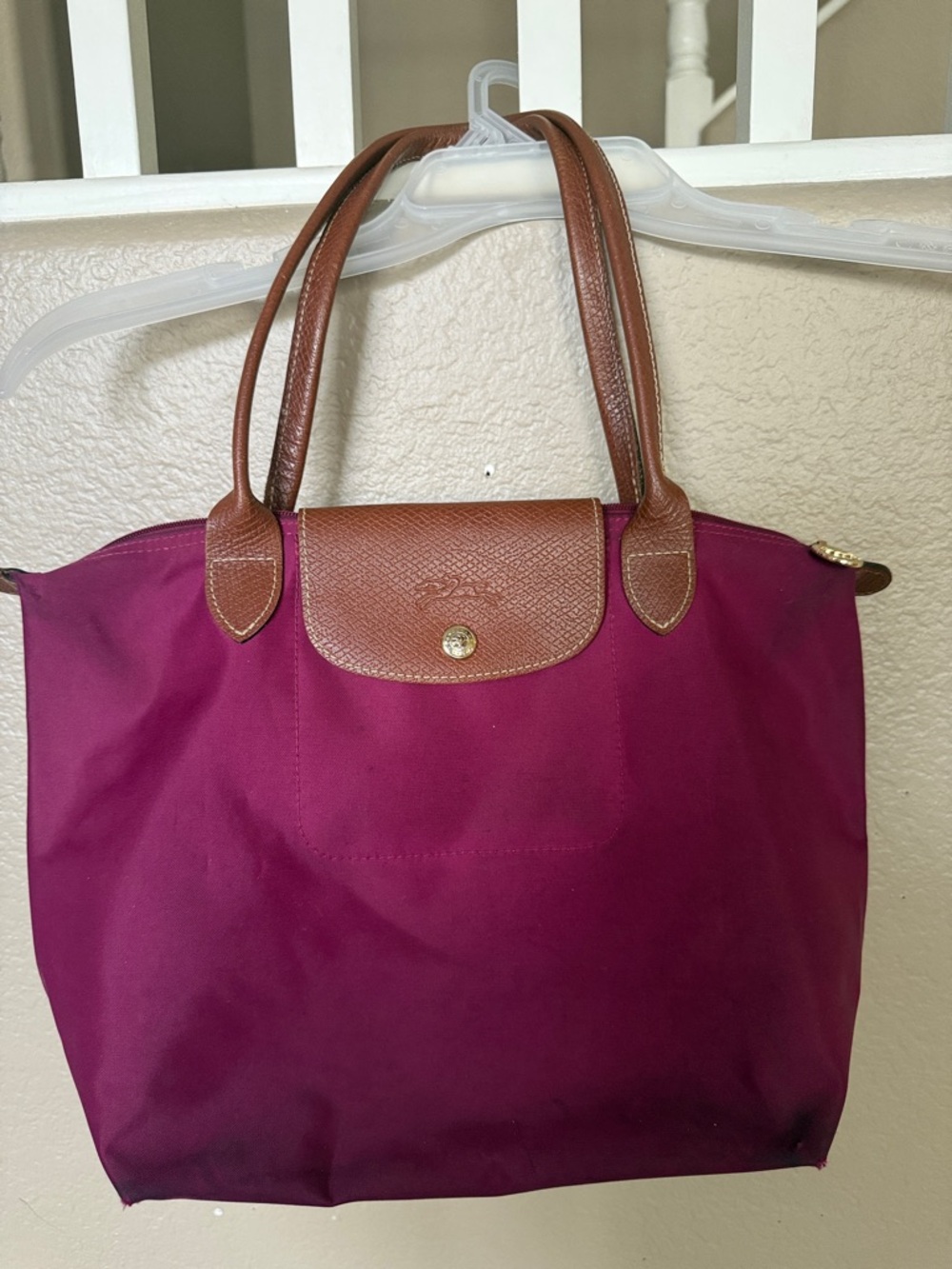 Longchamp Tote in Magenta with Brown Leather Trim